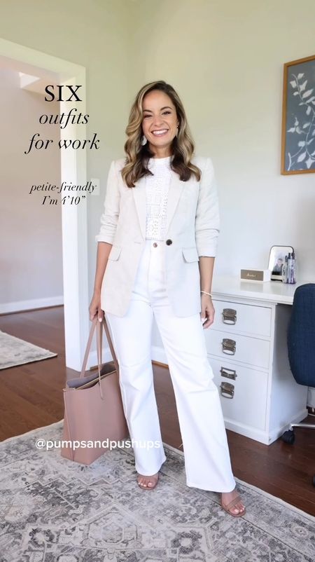 Six outfits for work from @loft #ad 

Outfit sizing: 

Outfit 1: 
White jeans: petite 24 
White crochet tank top: petite xxs 
Neutral blazer: petite 00/xxs 
Wedges: tts 

Outfit 2: 
Wide leg cropped pants: petite 24/00
Pointelle sweater: petite xxs 
Flats: tts 

Outfit 3: 
Jumpsuit: petite xxs 
Blazer: petite xxs (oversized) 
Wedges: tts 

Outfit 4: 
Black Dress: petite xxs 
Sweater: petite xxs 
Heels: tts 

Outfit 5: 
Dress: petite xxs 
Blazer: petite xxs 
Shoes: tts 

Outfit 6: 
Pants: petite 00/24
Top: petite xxs 
Sweater: petite xxs 

My measurements for reference: 4’10” 105lbs bust, waist, hips 32”, 24”, 35” size 5 shoe 

#LTKWorkwear