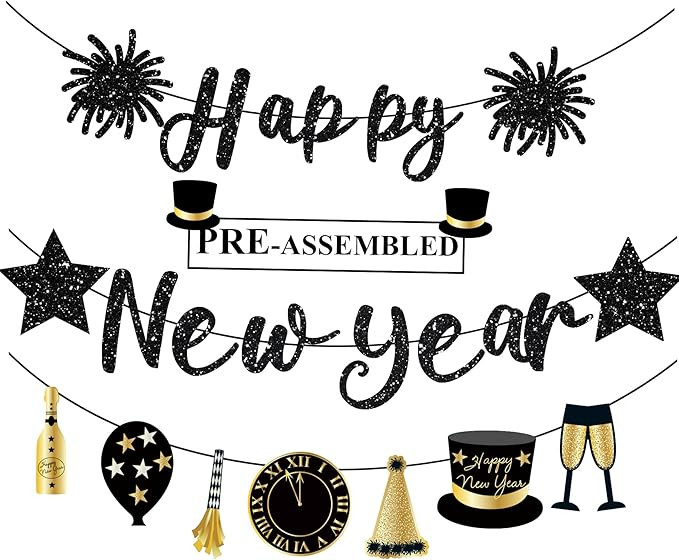 Happy New Year Banner Black Glitter Pre-Strung NYE Sign Garland Banner for Happy New Year Party D... | Amazon (US)