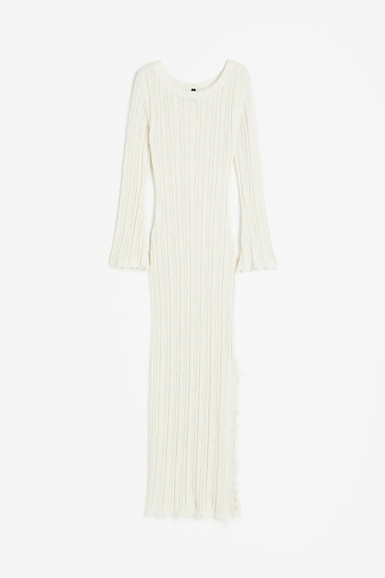 Robe frangée en maille côtelée - Encolure ronde - Manches longues - Crème - FEMME | H&M FR | H&M (FR, IT, ES, PT, BE)
