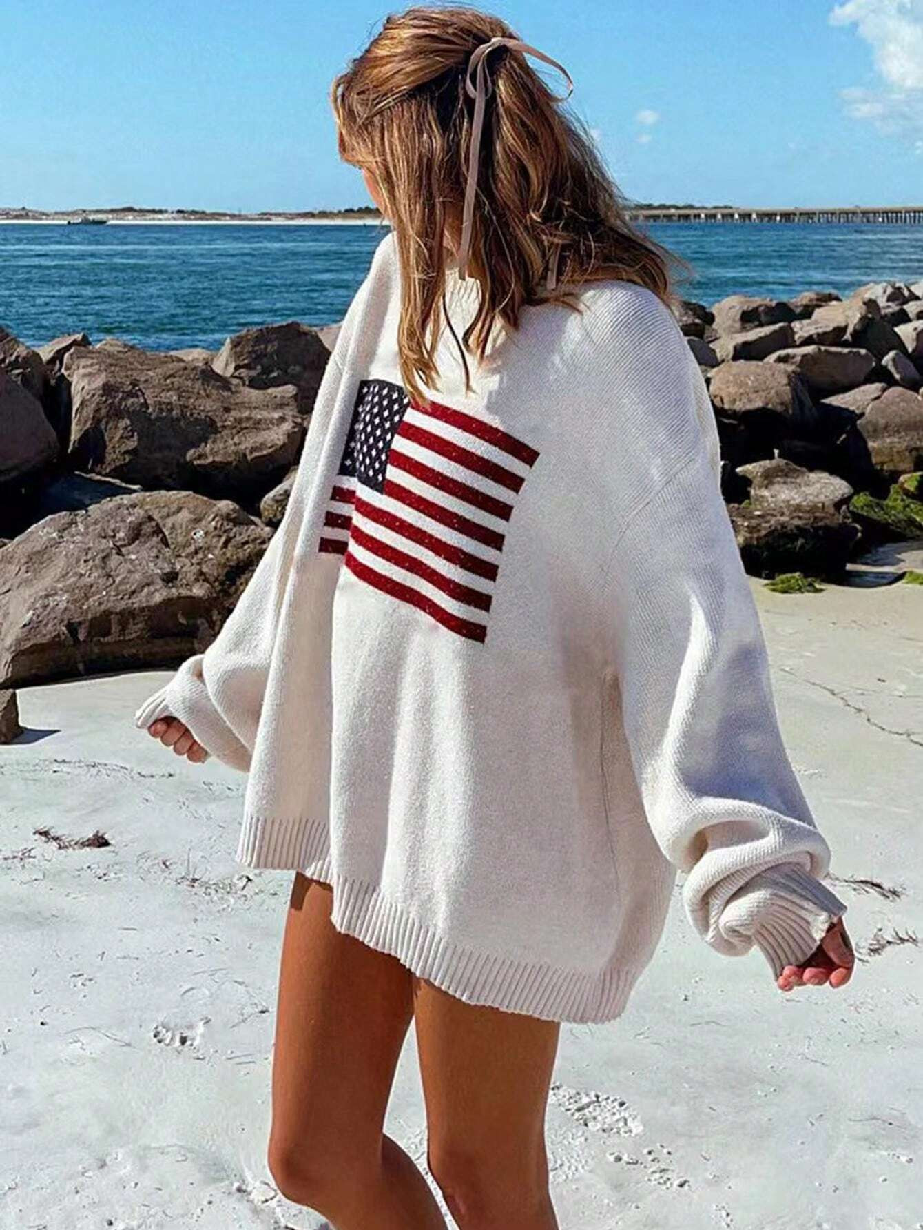 SHEIN Essnce Usa Flag Design Drop Shoulder Sweater | SHEIN