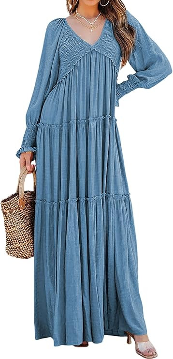 R.Vivimos Maxi Dress for Women Long Sleeve V Neck Empire Waist Layered Ruffle Boho Casual Flowy L... | Amazon (US)