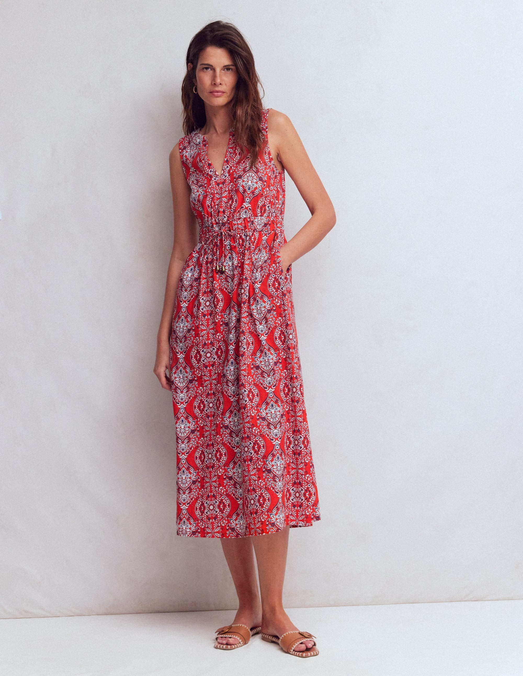 Delphine Midi Sleeveless Dress-Blood Orange, Gardenia | Boden (US)