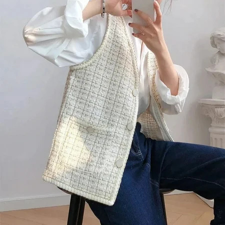 Women Sweet Tweed Vest Fashion Fall Casual Elegant Vest Jacket Design Office Lady Loose V Neck Chic All Match Outwear | Walmart (US)