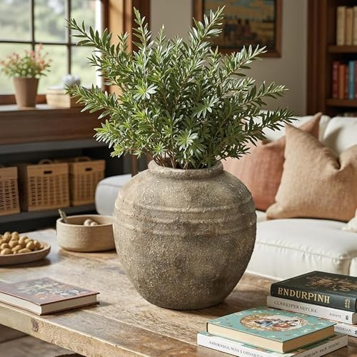 LuxenHome Rustic Ceramic Vase, 12" Weathered Terracotta with Textured Ridges Round Vases, Boho Fl... | Amazon (US)