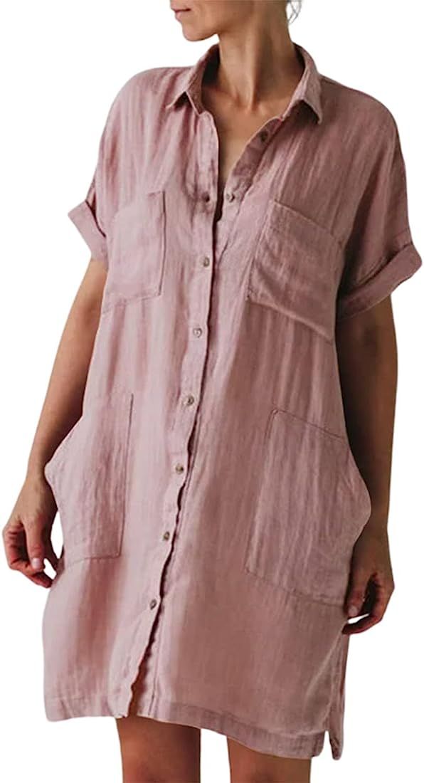 utcoco Womens Cotton Linen Button Down Shirt Dress Casual Loose Cuffed Short Sleeve Dresses with ... | Amazon (US)