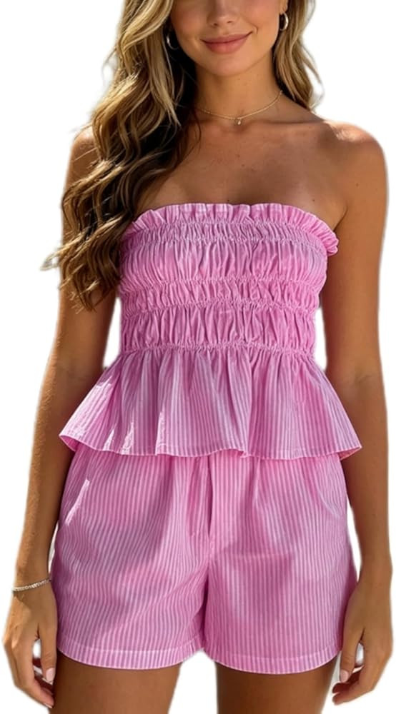 Yuemengxuan Women Shirred Top Shorts Summer Outfits Set 2 Piece Striped Pajamas Set Sleeveless Ru... | Amazon (US)