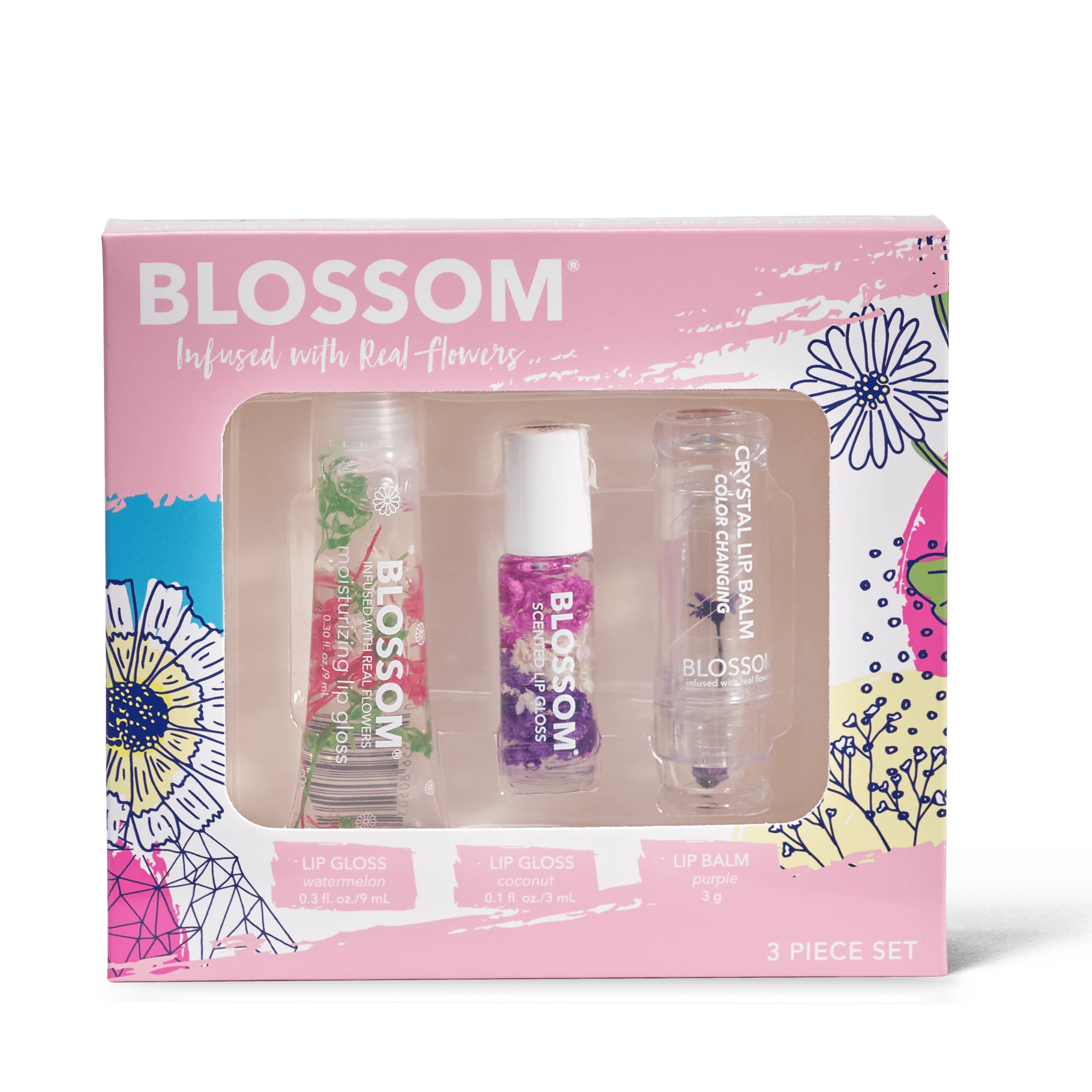 3 Piece Set - Moisturizing Lip Gloss, Mini Roll-On Lip Gloss, Color-Changing Lip Balm | Blossom Beauty