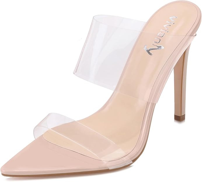vivianly Clear Pointed Toe Heels Sandals Transparent Strap Stiletto High Heels Slip on Mules for ... | Amazon (US)