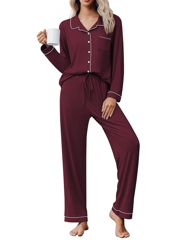 Ekouaer Pajama Sets Women Classic Long Sleeve Button Down Sleepwear Soft Pjs Lounge Sets | Amazon (US)