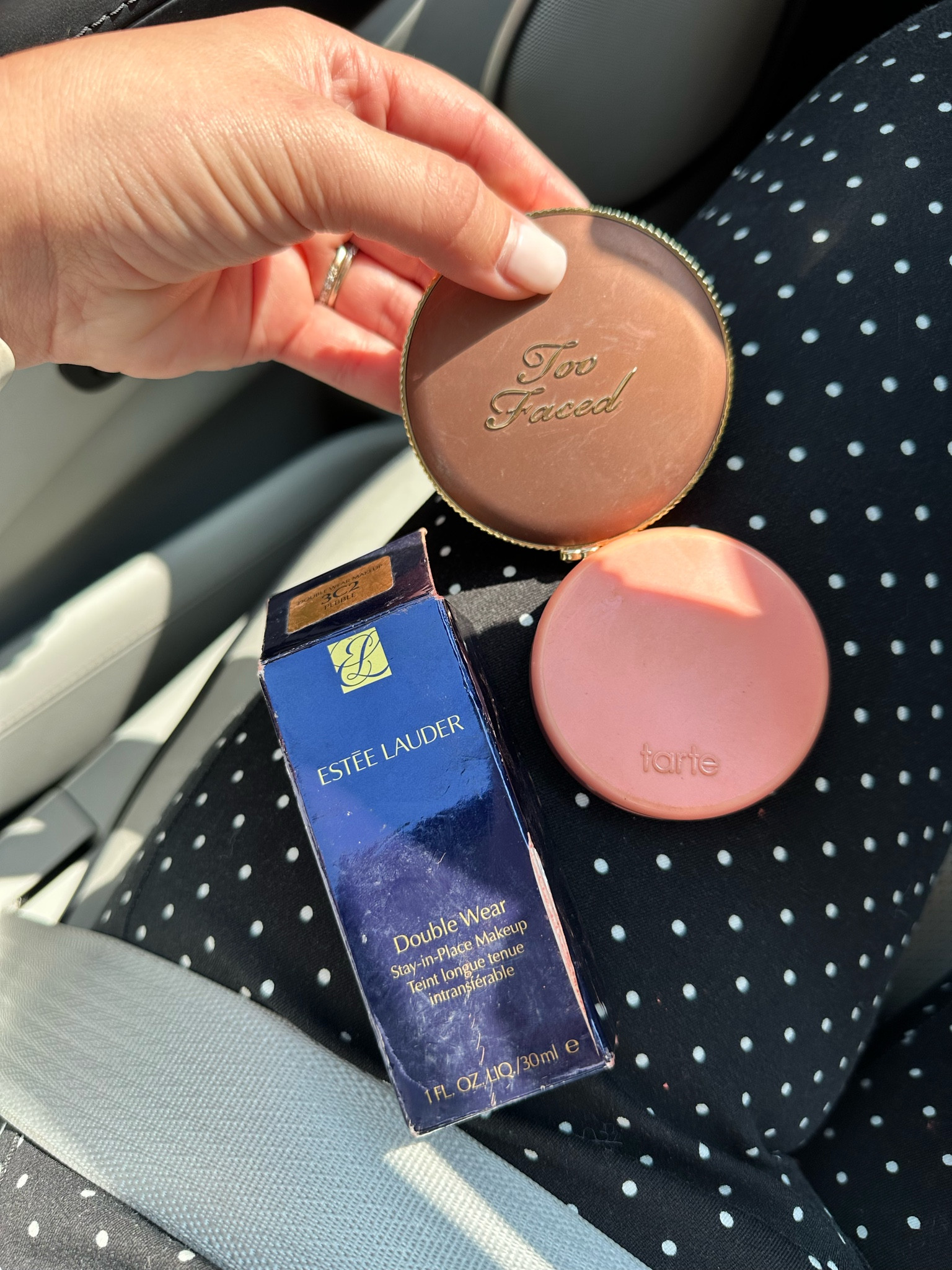My foundation, bronzer, and blush

Foundation: Estee Lauder Double Wear in the shade PEBBLE

Bronzer: Too Faced Chocolate Soliel

Blush: Tarte in the color CAPTIVATING