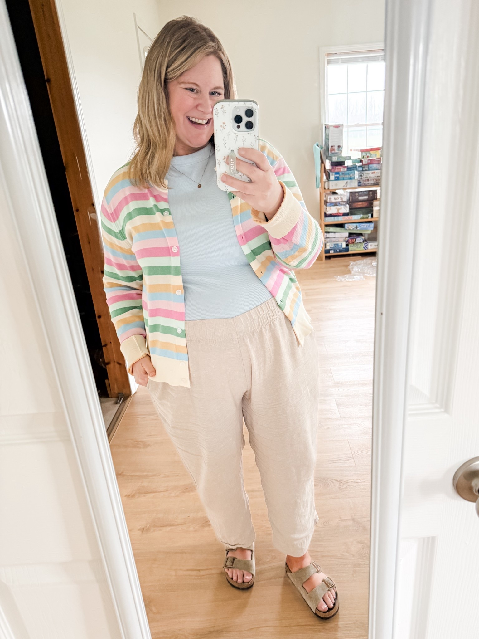 Teacher outfit! Wearing an XL in my rainbow striped cardigan, an XL in my tee and an XL in my linen pants  

#LTKWorkwear #LTKBump #LTKMidsize