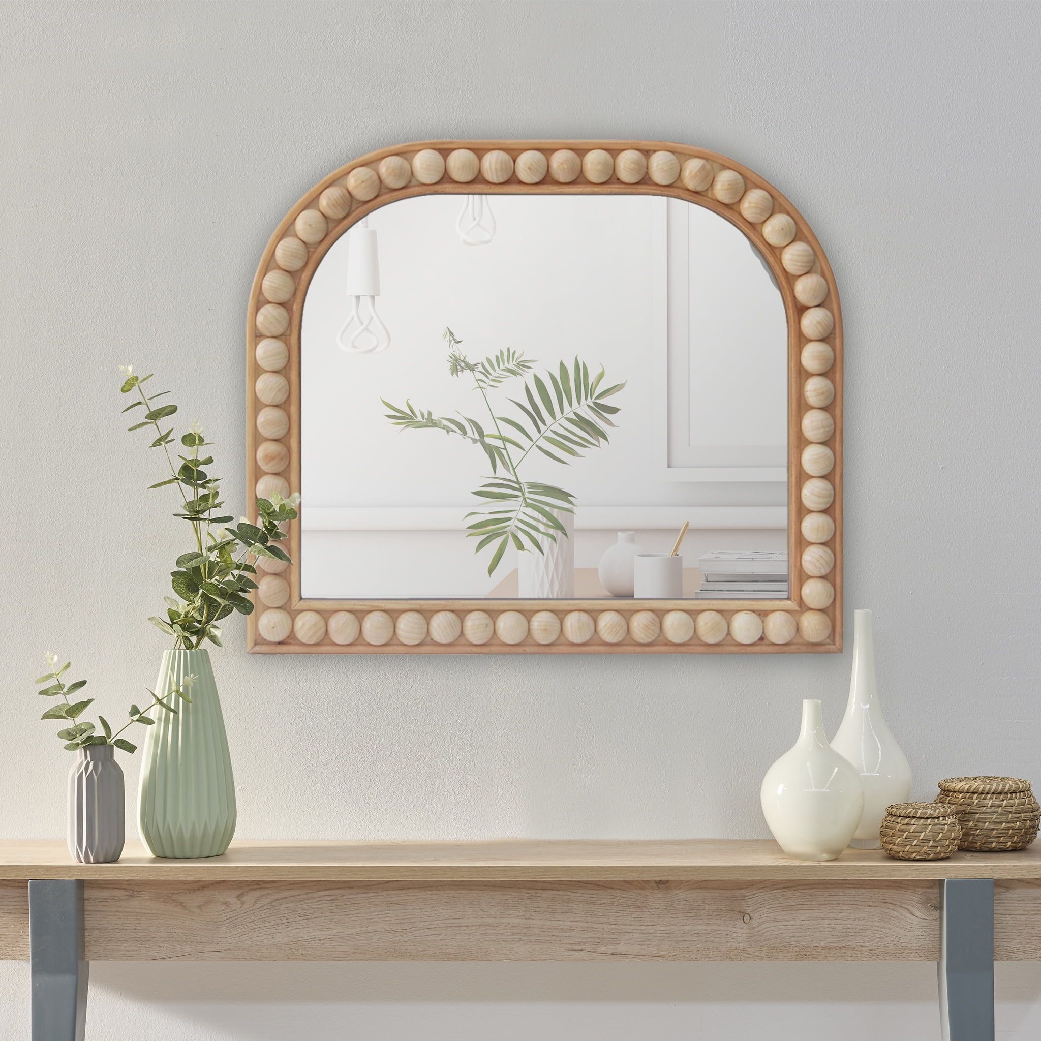 Parisloft Decorative Arched Wood Wall Mirror, Wood Beaded Accent Natural Wood Wall Mirror for Bed... | Walmart (US)