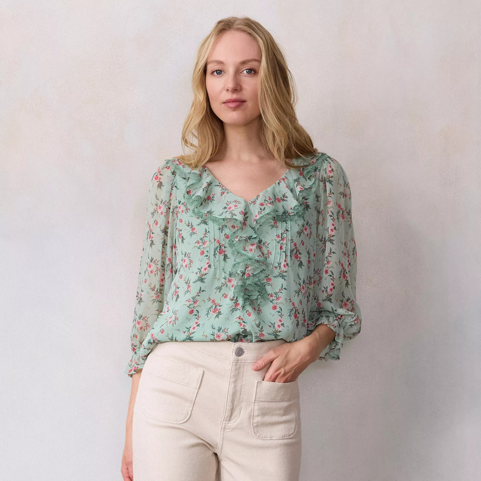 Women's LC Lauren Conrad 3/4 Sleeve Ruffle Front Blouse with Tucks | Kohl's