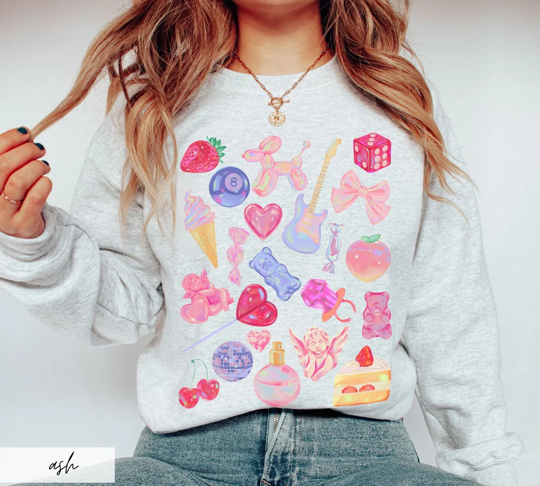 Valentines Candy Sweater, Cute Pop Art Assorted Vday Items Crewneck,trendy Artsy Strawberry Y2K 9... | Etsy (US)
