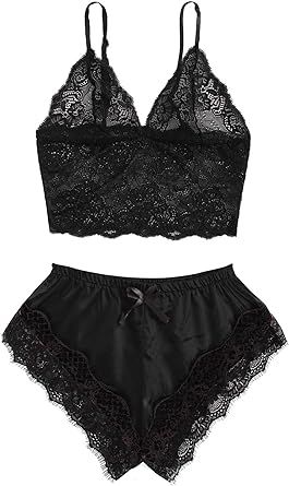 SweatyRocks Women's Lace Cami Top with Shorts with Panties 2 Piece Set Sexy Lingerie Pajama Set | Amazon (US)