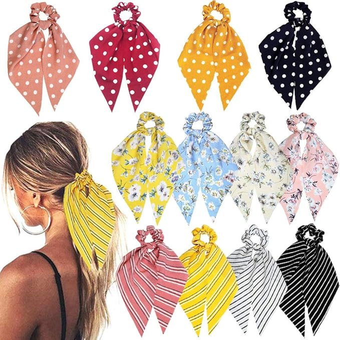 Sunaction 12 Pcs Hair Scarf Scrunchie Chiffon Dot Stripe Floral Hair Scarf Ponytail Hair Ties Pon... | Amazon (US)