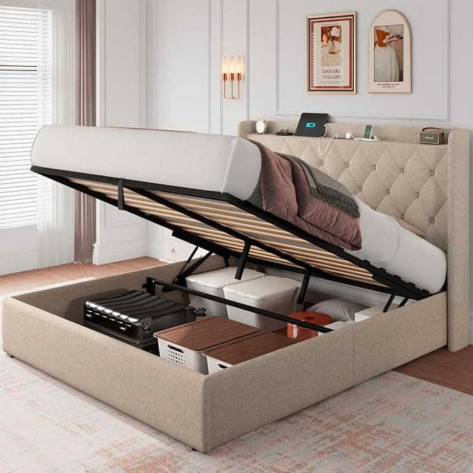 iPormis Queen Size Lift Up Storage Bed Frame with Charging Station, Upholstered Platform Bed Fram... | Amazon (US)