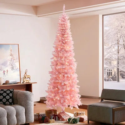 7Ft Pre-Lit Pink Slim Tree with Metal Stand | Wayfair Professional