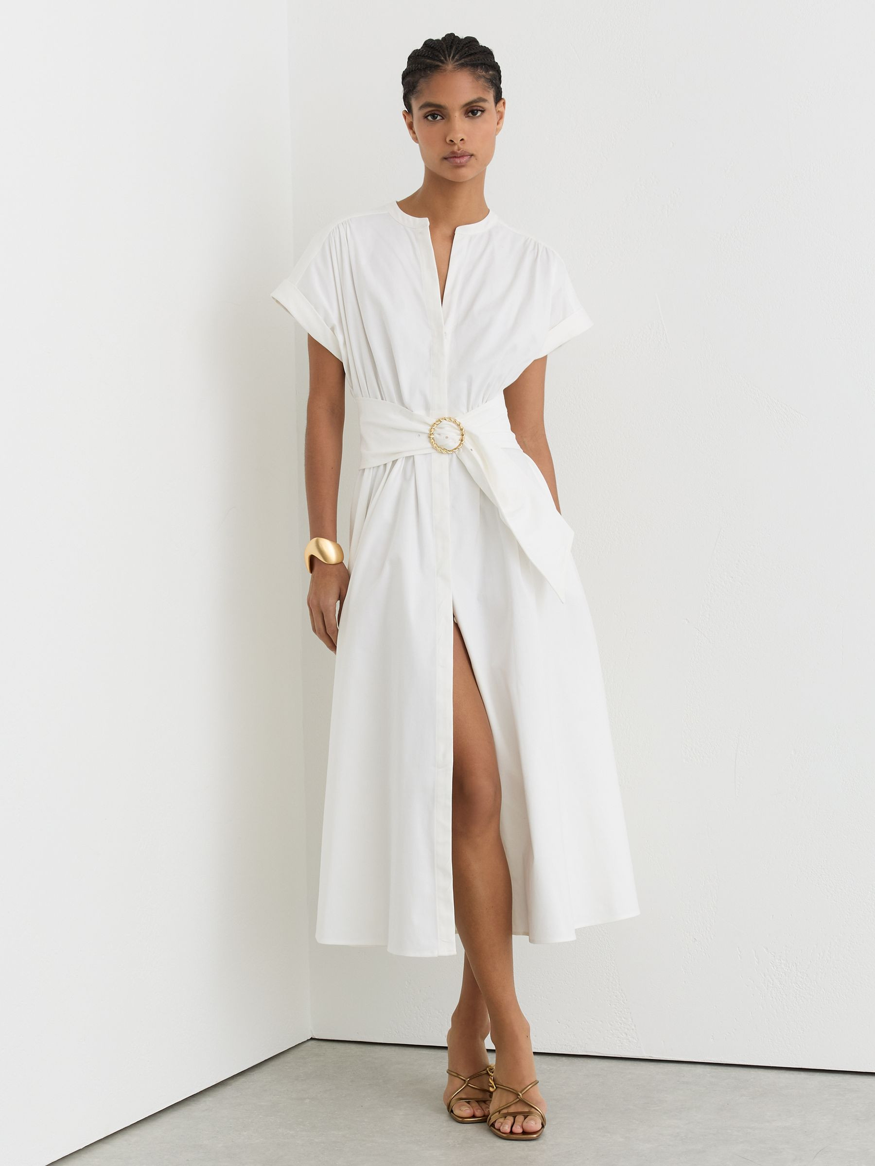 Reiss Cotton Short-Sleeve Belted Midi Dress with Stretch in Ivory | REISS | Reiss US