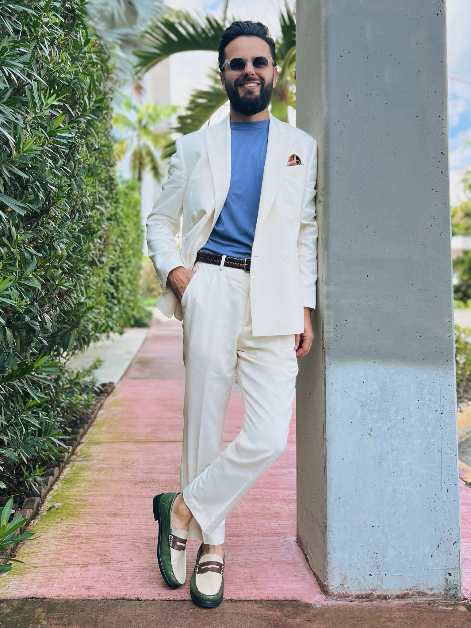 Double Breasted off white suit, blue tee, paired with a brown braided belt and multi colored penny loafers, this is the perfect South Beach Fall look! 

#LTKshoecrush #LTKstyletip #LTKmens