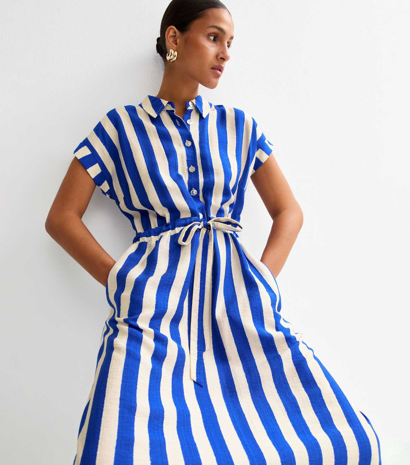 Blue Stripe Print Tie Front Shirt Dress | New Look | New Look (UK)