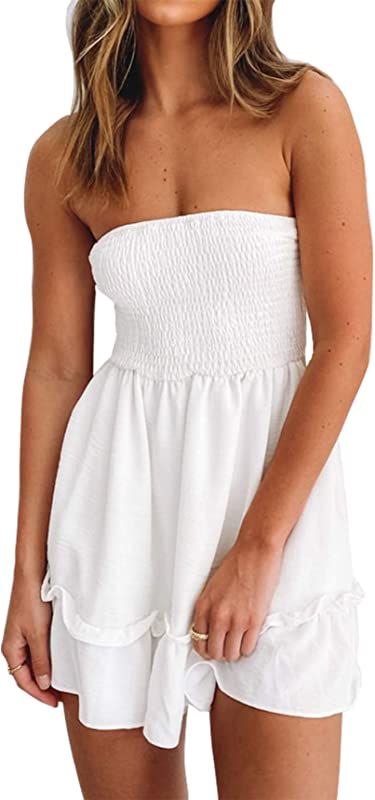 Tube Top Dress for Women Summer Solid Strapless Mini Dresses, Off The Shoudle Ruffle Beach Dress | Amazon (US)