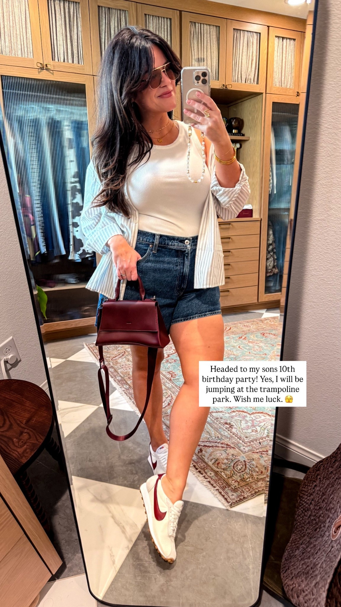 Summer mom outfit of the day for my sons 10th bday party. 
Linen lightweight blouse! Not scratchy the quality is worth it. The fit is 10/10 wearing an xl. 
Dad shorts, great length I got a size 33 which is a size up for a roomy fit. They fit tts tho. 
Nike sneakers sized down a 1/2 size 
Burgundy crossbody bag 
Convertible bra 38dd 


#LTKSaleAlert #LTKSummerEdit #LTKMidsize