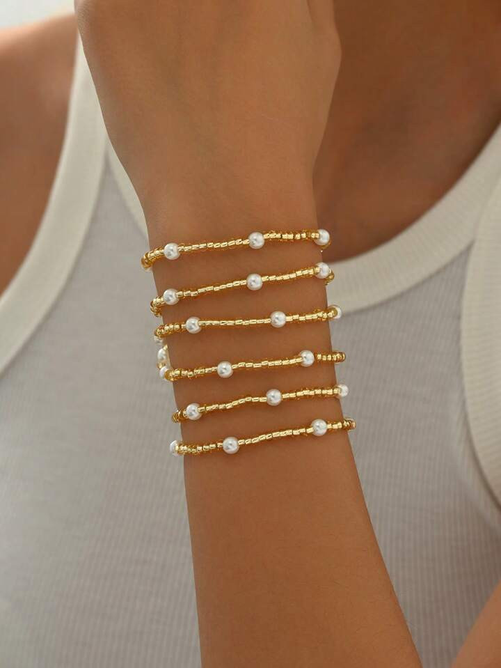 6pcs/Set Ladies' Fashionable, Elegant, Simple And Sweet, Handmade Adjustable Beaded Faux Pearl Br... | SHEIN