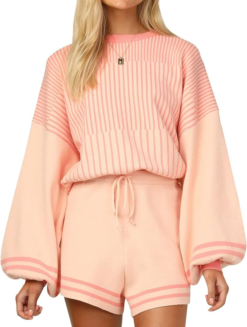 Dqbeng 2 Piece Outfits for Women Knitted Striped Long Sleeve Pullover Elastic Shorts Lounge Set S... | Amazon (US)