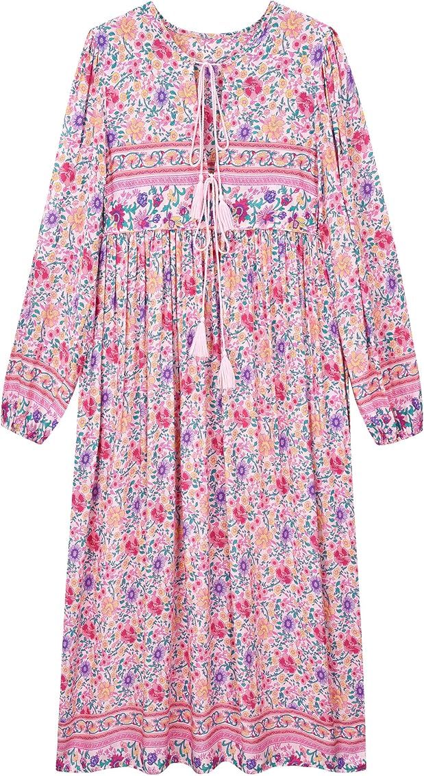 UIMLK Boho Maxi Dresses for Women Casual Summer, Cotton Long Sleeve Floral Print Tassel Bohemian Mid | Amazon (US)