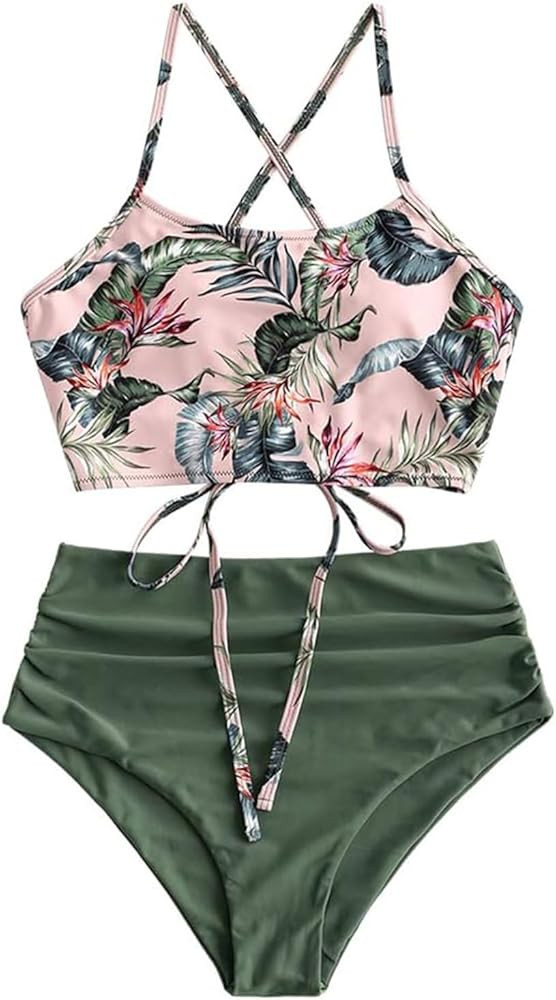 ZAFUL Women's Ruched High Waisted Tankini Swimsuit Criss Cross Bikini Set Tummy Control Bathing S... | Amazon (US)