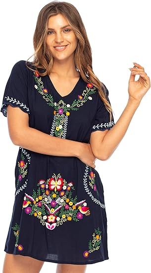 Back From Bali Womens Mexican Embroidered Dress Short Casual Boho Summer Floral Tunic Top Shift w... | Amazon (US)
