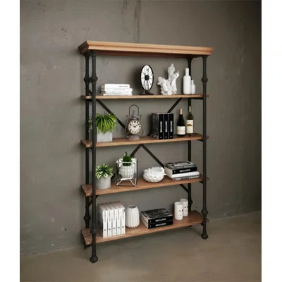 Industrial Style Pine and Metal 5 Tier Open Bookshelf | Wayfair North America