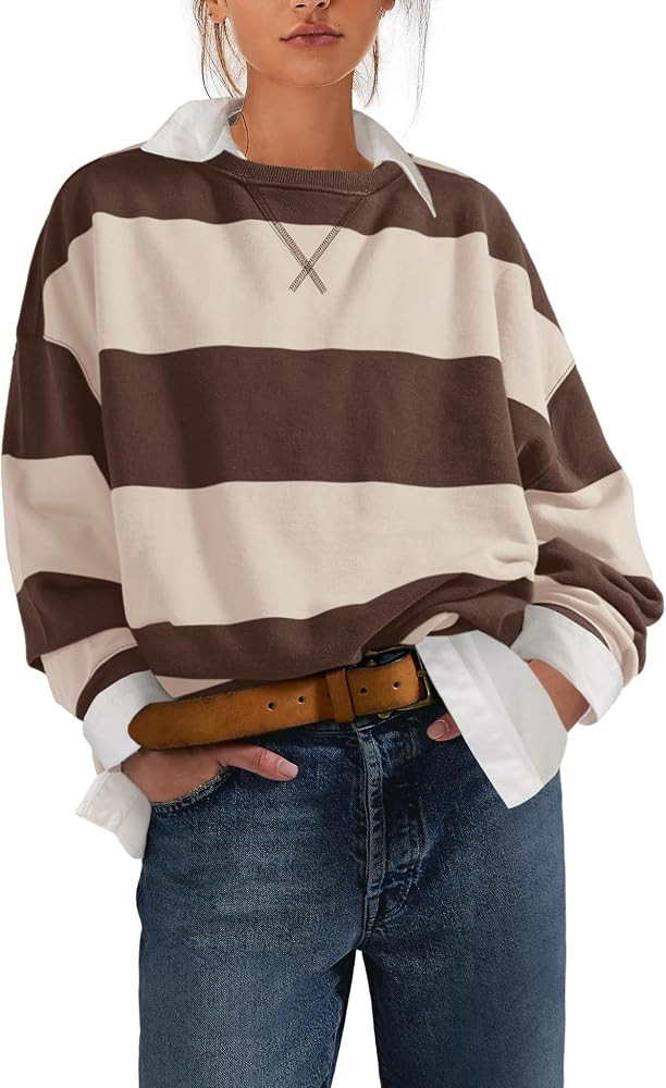 Nirovien Womens Striped Oversized Sweatshirts Casual Long Sleeve Crewneck Sweatshirt Color Block ... | Amazon (US)