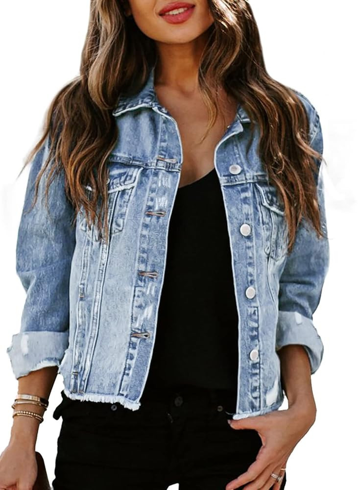Sidefeel Women's Denim Jacket Long Sleeve Button Distressed Ripped Zimbaplatinum Jean Coat | Amazon (US)