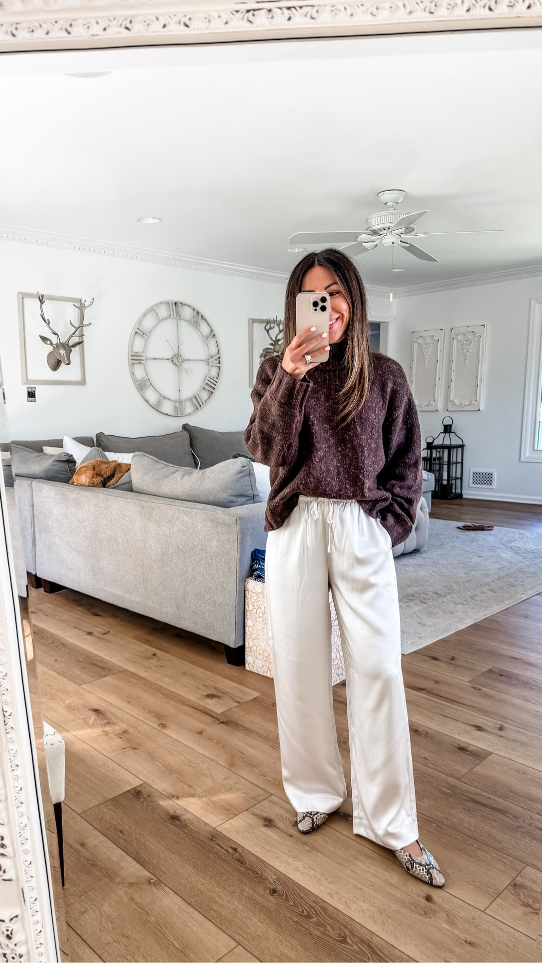 Copy the code from any of the items in the carousel for 20% off at Abercrombie. Jewelry code HOUSEOFLEO20. Satin pants small short. Brown sweater small.
