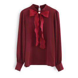 Shimmer Bowknot Satin Shirt in Burgundy | Chicwish