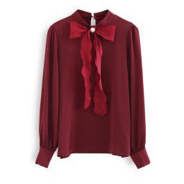 Shimmer Bowknot Satin Shirt in Burgundy | Chicwish