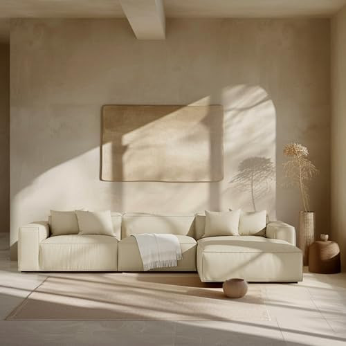 Acanva Modern L-Shaped Deep Sectional Sofa Furniture Set for Living Room Lounge, Minimalist Style Comfy Suedette Upholstery Corner Couch with Chaise, Cream | Amazon (US)