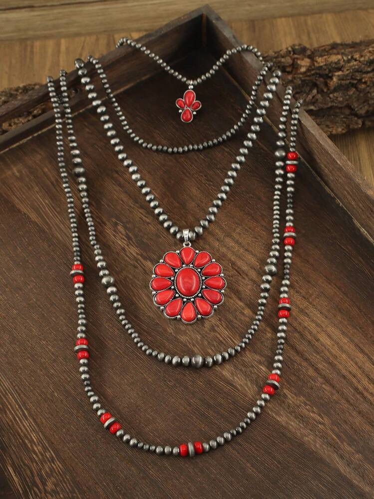 4pcs/Set Faux Turquoise & Vintage Red Beaded Long Necklace Set, Boho Cowgirl Style, Perfect Gift For Birthday, New Year, Valentine's Day, Western/Cowgirl Vacation Style, Vintage Bohemian Beaded | SHEIN