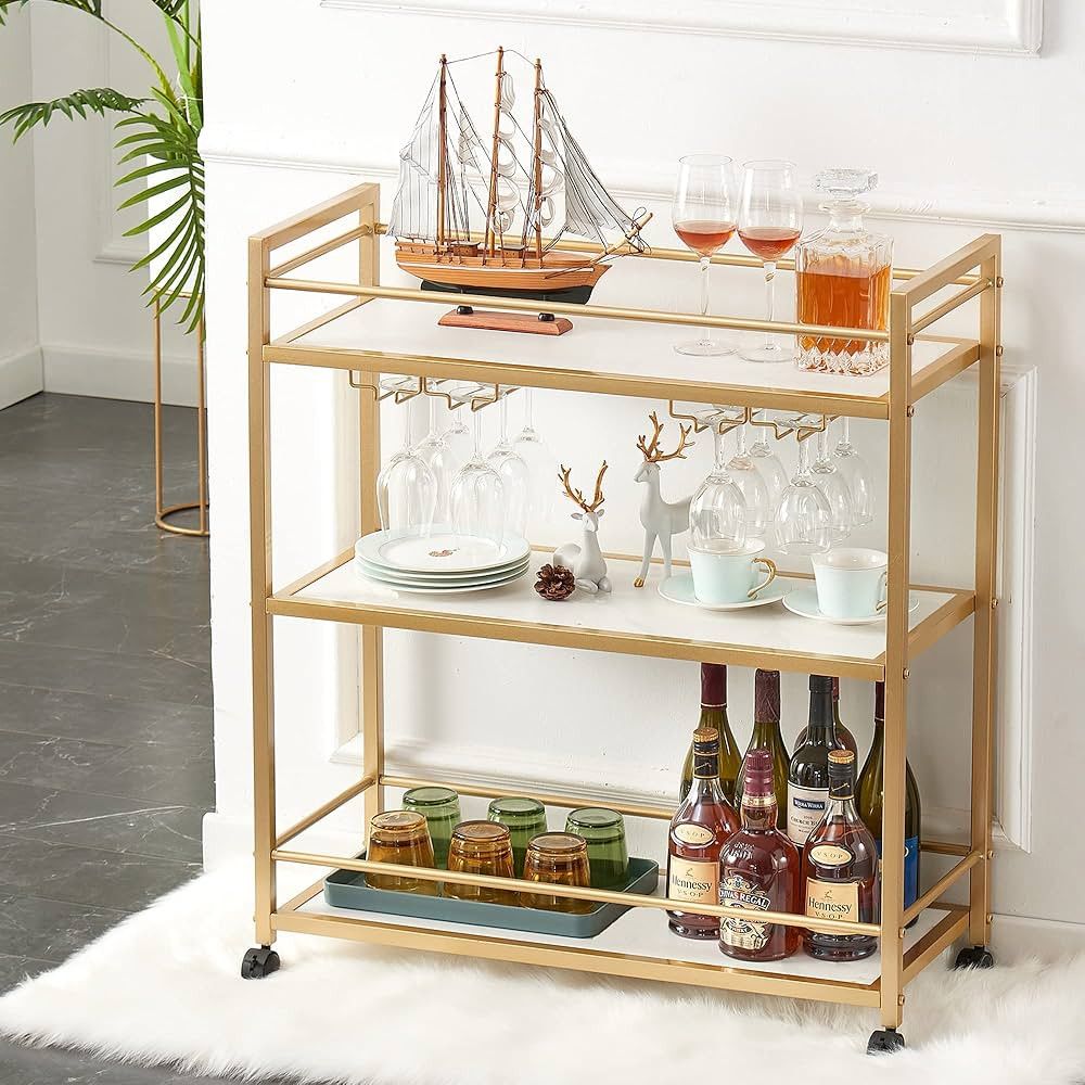 GOLASON Gold Bar Cart with 3 Shelves, Wine Glass Bottle Storage Bar Serving Cart with Wheels for ... | Amazon (US)