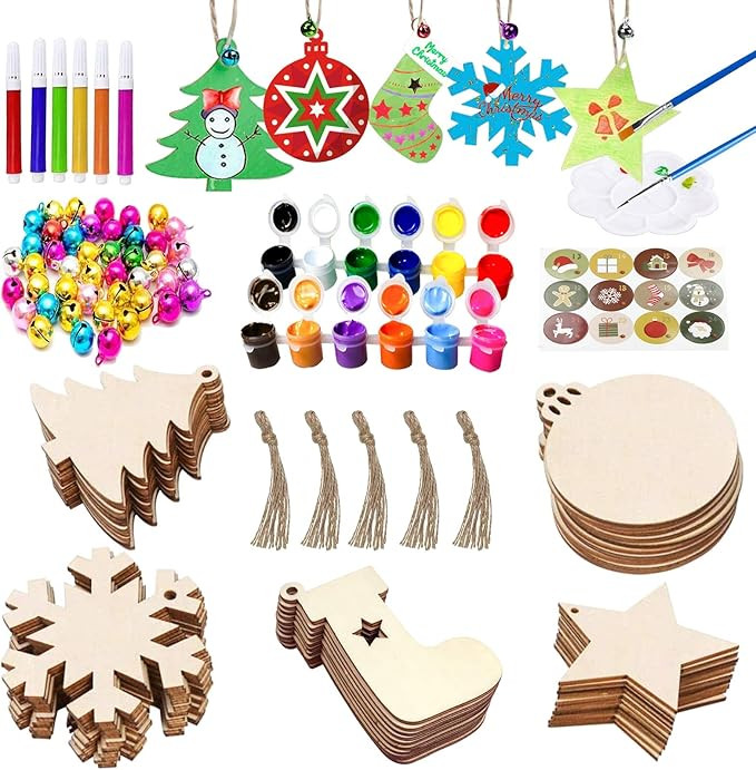VLUSSO 50Pcs Unfinished Wooden Christmas Ornaments 5 Styles Christmas Tree Ornaments Decorations ... | Amazon (US)
