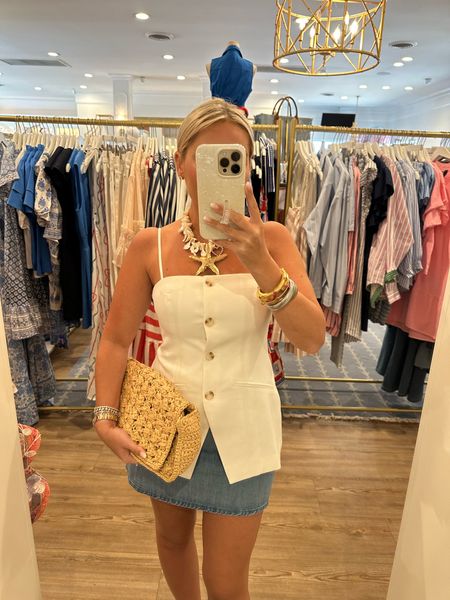 The perfect summer outfit white vest shirt button down vest outfit denim skirt styled for summer 

#LTKStyleTip #LTKFindsUnder50 #LTKSaleAlert