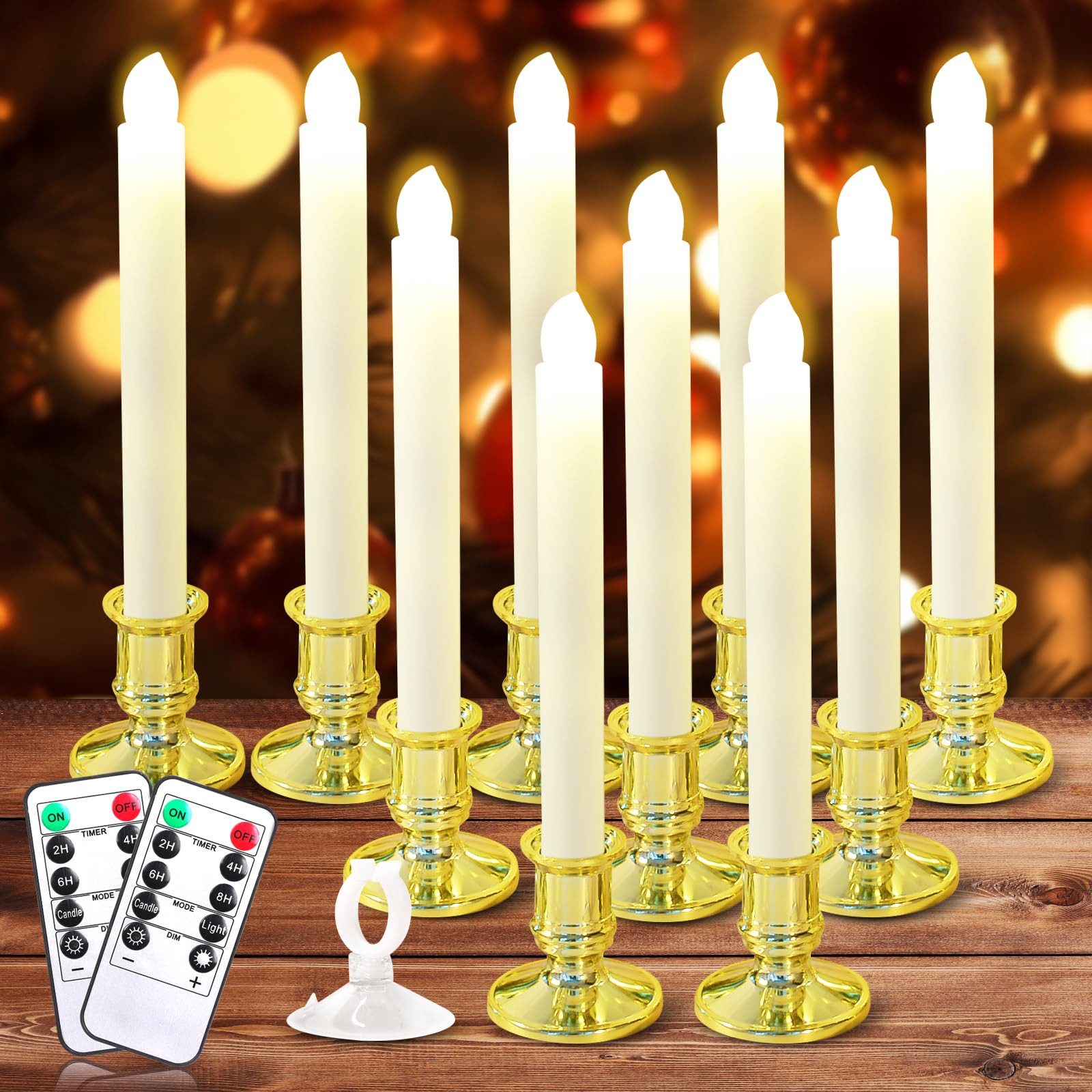 Verdenu 10 Pack Christmas Window Candles with Timer Remote, Battery Operated Window Candles Flameless Taper Candle Electric LED Candles with Holder/Suction Cups for Christmas Decorations, Gold | Amazon (US)