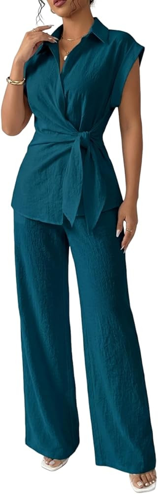Women's Going Out Two Piece Sets Cap Sleeve Tie Waist Button Down Shirt Wide Leg Pants Dressy Cas... | Amazon (US)