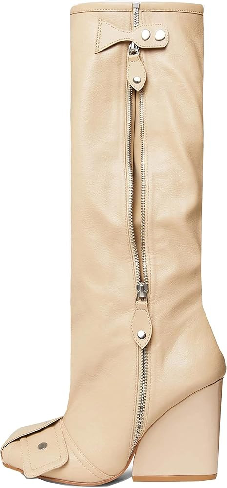 Biker Jacket Double Zip Knee High Wedge Boots | Amazon (US)