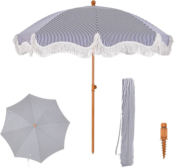 PHI VILLA 7ft Beach Umbrella with Fringe & Sand Anchor, Outdoor Patio Heavy Duty Windproof Portab... | Amazon (US)
