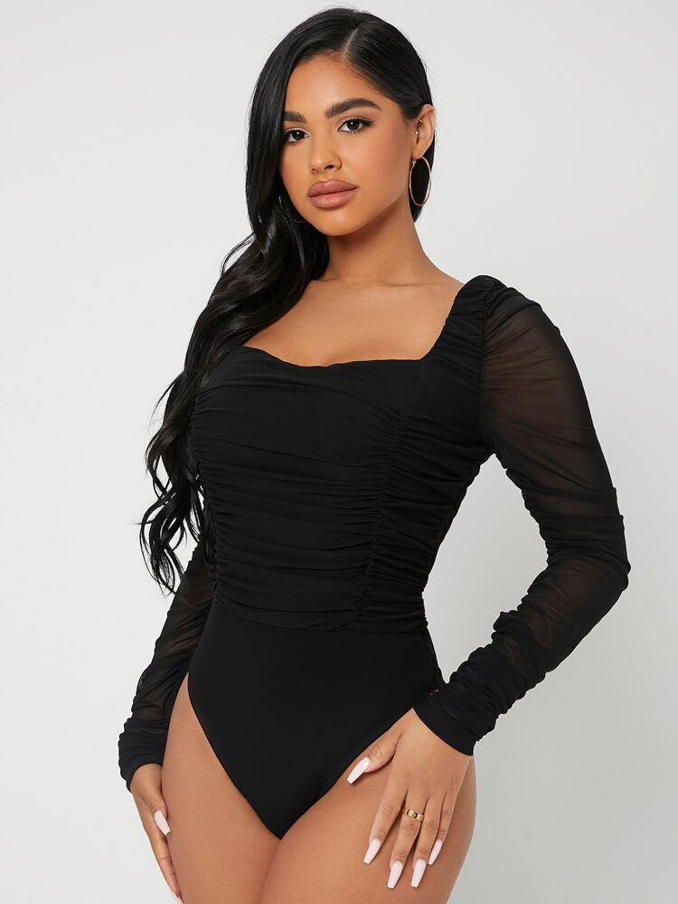 SHEIN SXY Mesh Panel Ruched Bodysuit | SHEIN