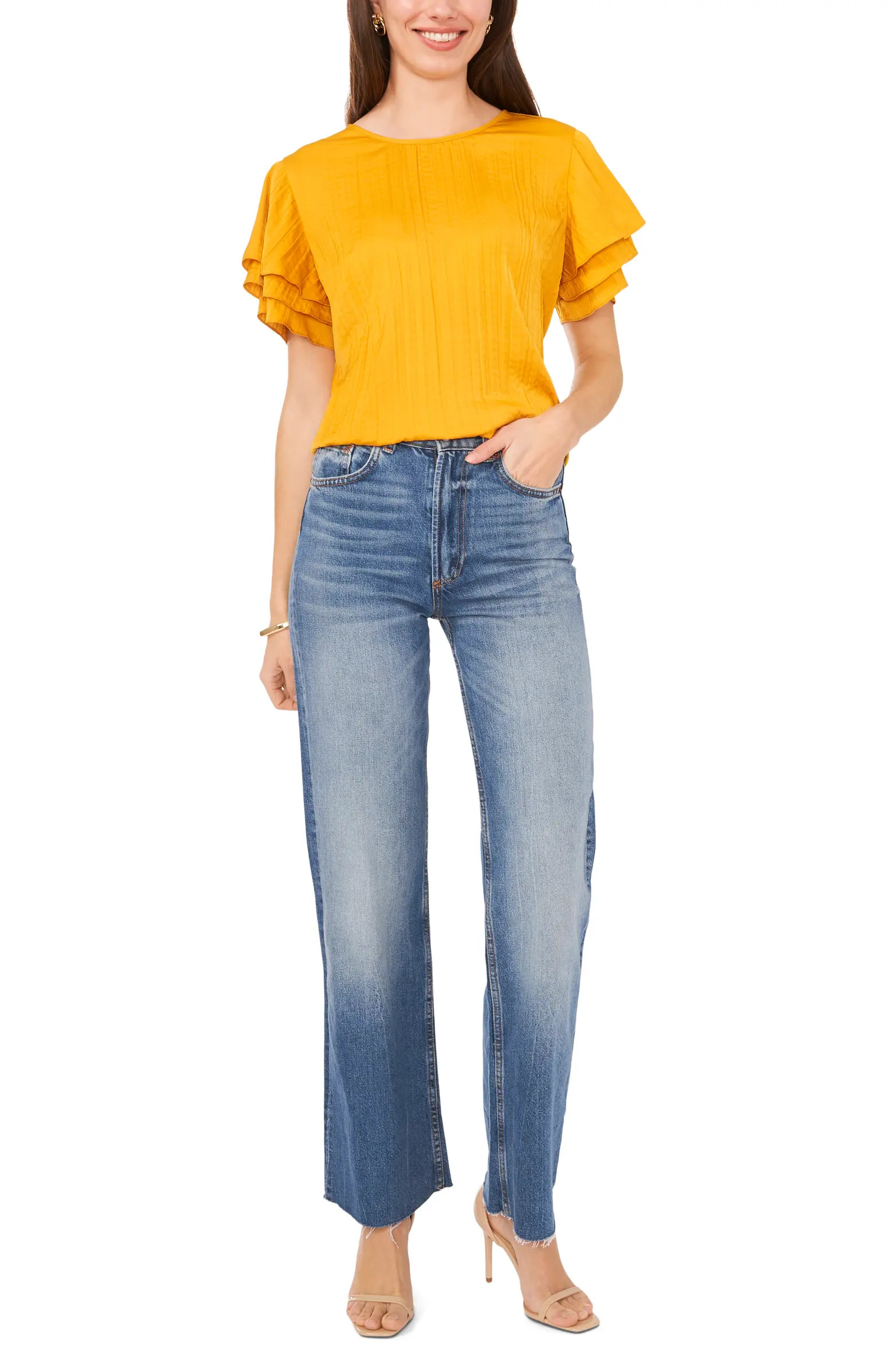 Vince Camuto Layered Flutter Sleeve Rumple Satin Top | Nordstrom | Nordstrom