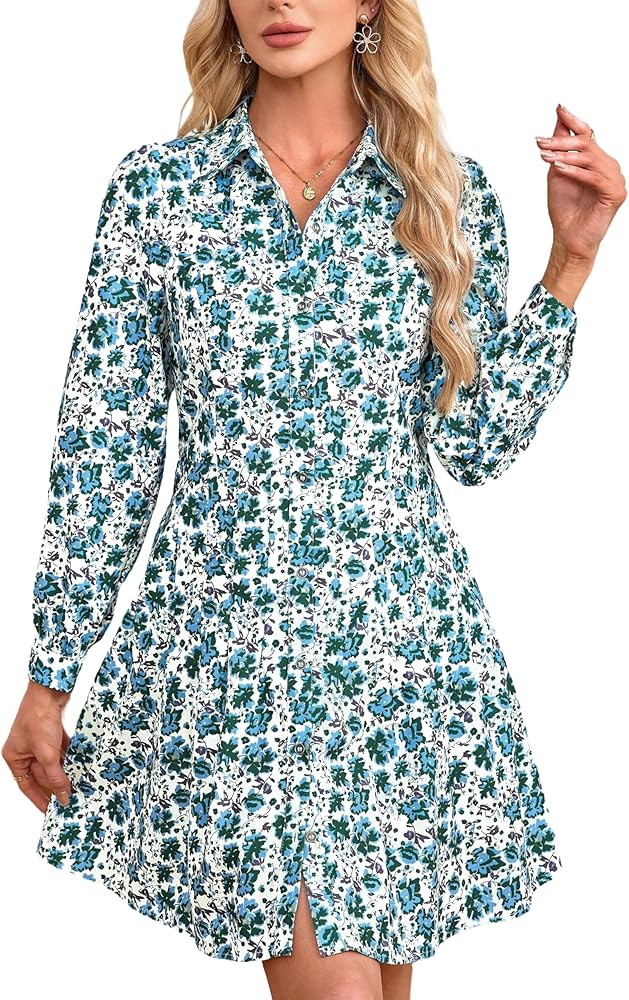 Womens Fall Winter Corduroy Shirt Dress Long Sleeve V Neck Button Down Floral Print Short Shift D... | Amazon (US)